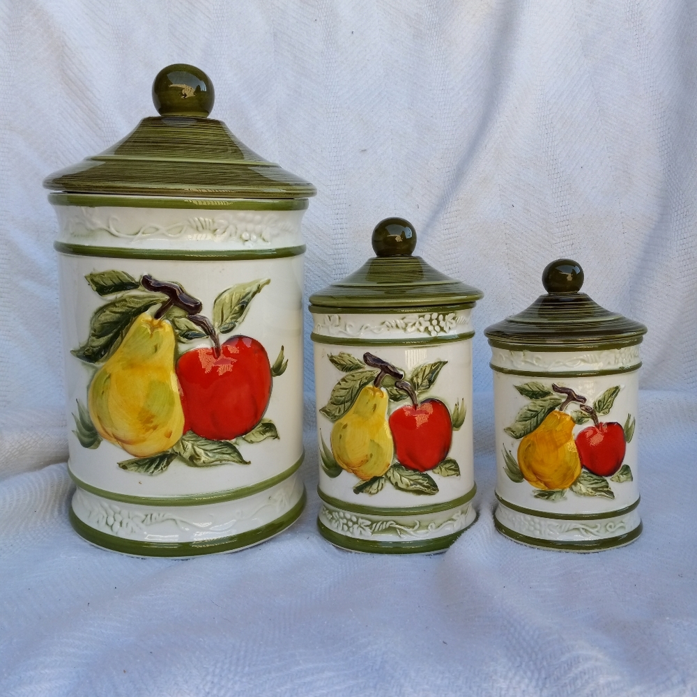Vintage 1970's 3 pc kitchen canisters green, multi